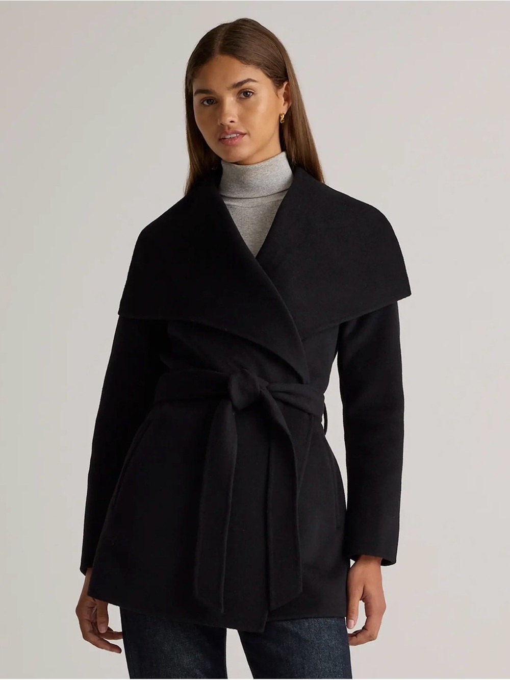 Quince Double Faced Merino Wool Draped Collar Short Coat in Black Sz Small 1251